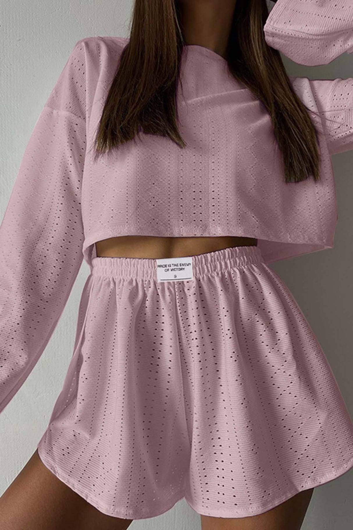 Arolora hollow-long-sleeve-shorts-slit-two-piece-set