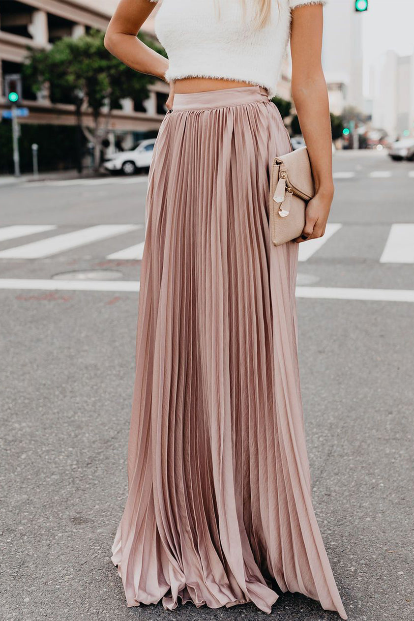 Solid Color High Waist Pleated Maxi Skirt – AROLORA