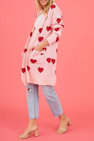 Heart Open Front Pocket Long Cardigan