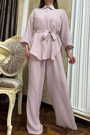 Button Belt Wide Leg Pants Two-piece Set