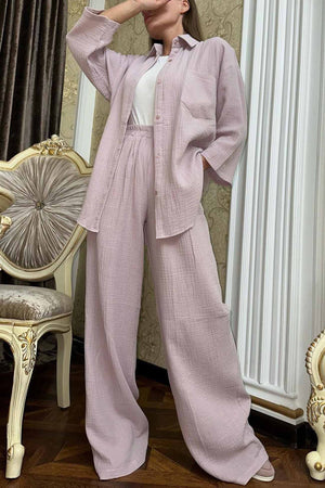 Button Belt Wide Leg Pants Two-piece Set
