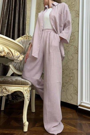 Button Belt Wide Leg Pants Two-piece Set