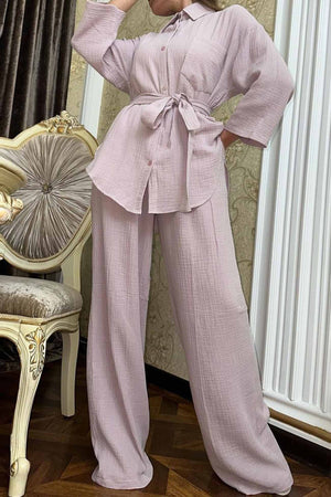 Button Belt Wide Leg Pants Two-piece Set