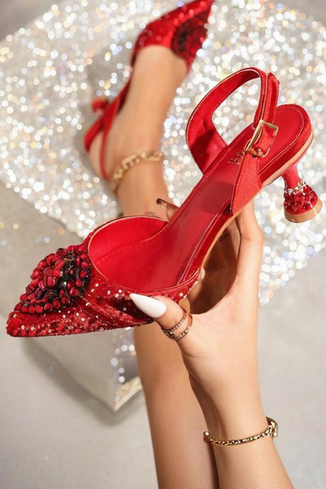 Pointed Rhinestone High Heels With Bow Hand Bag