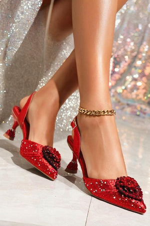Pointed Rhinestone High Heels With Bow Hand Bag