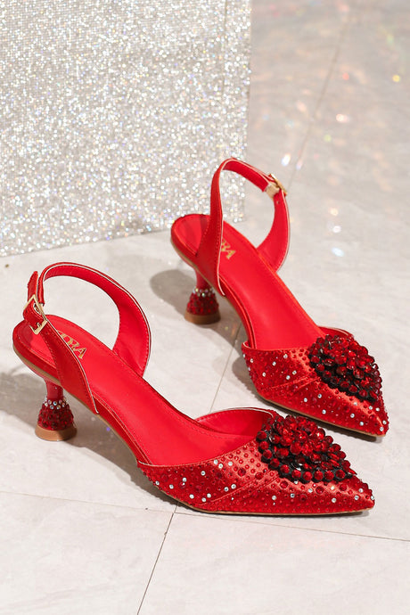 Pointed Rhinestone High Heels With Bow Hand Bag