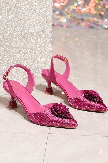 Pointed Rhinestone High Heels With Bow Hand Bag