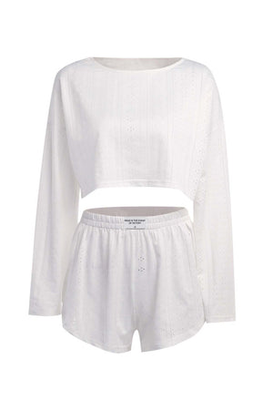Arolora hollow-long-sleeve-shorts-slit-two-piece-set