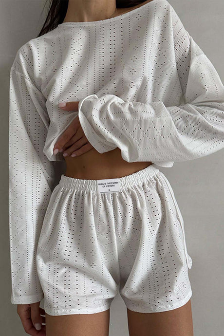 Arolora hollow-long-sleeve-shorts-slit-two-piece-set