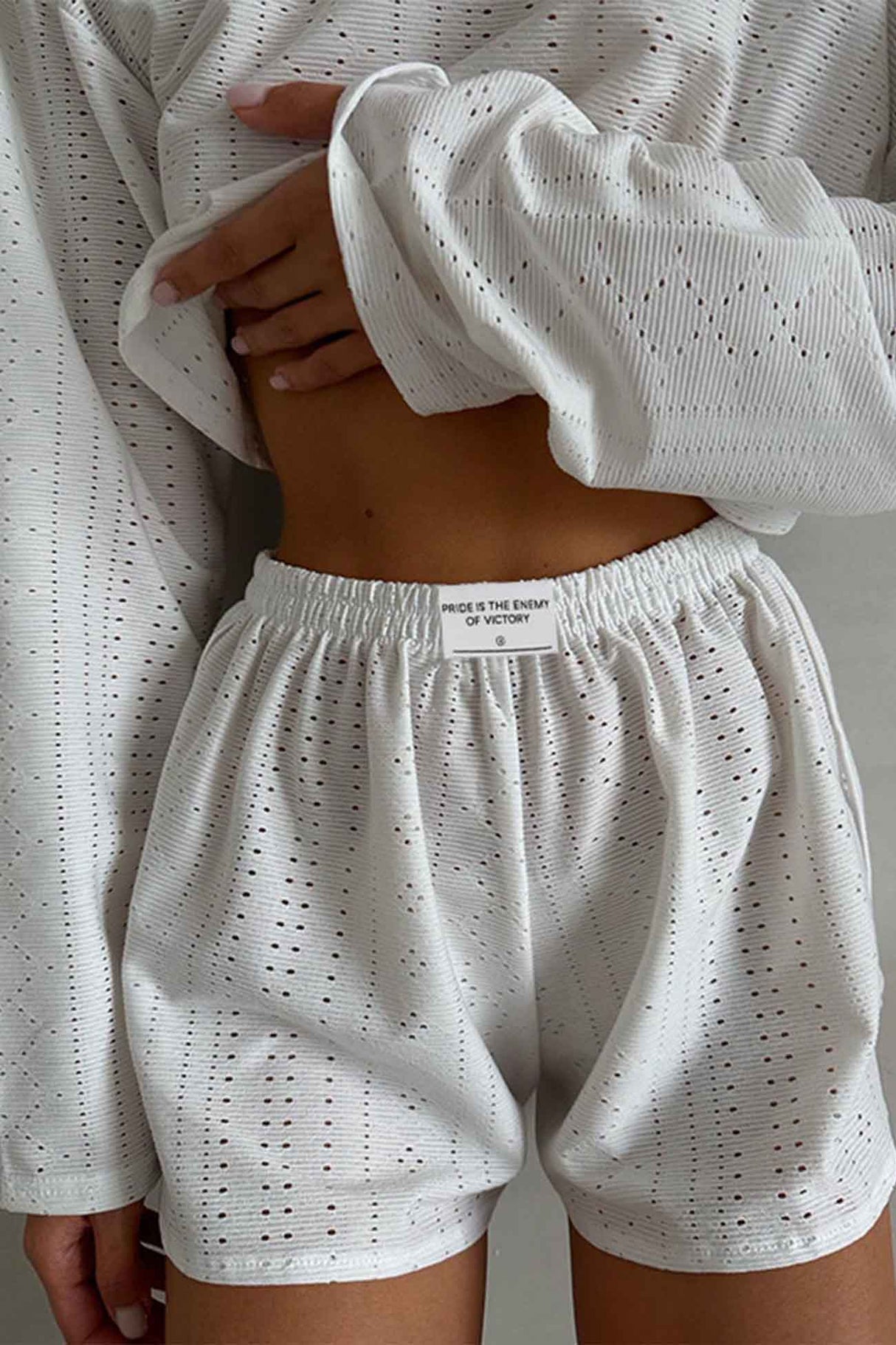 Arolora hollow-long-sleeve-shorts-slit-two-piece-set