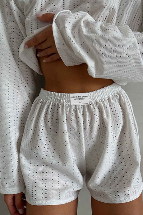 Arolora hollow-long-sleeve-shorts-slit-two-piece-set