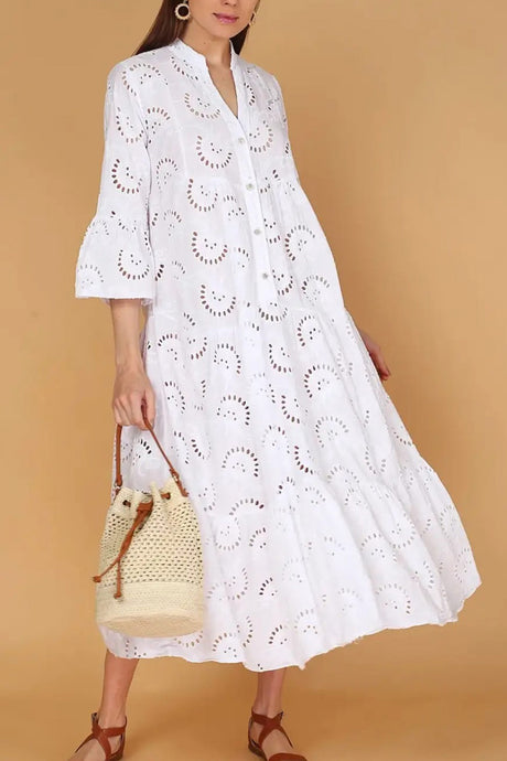 V Neck Flares Sleeve Embroidery Cotton Dress