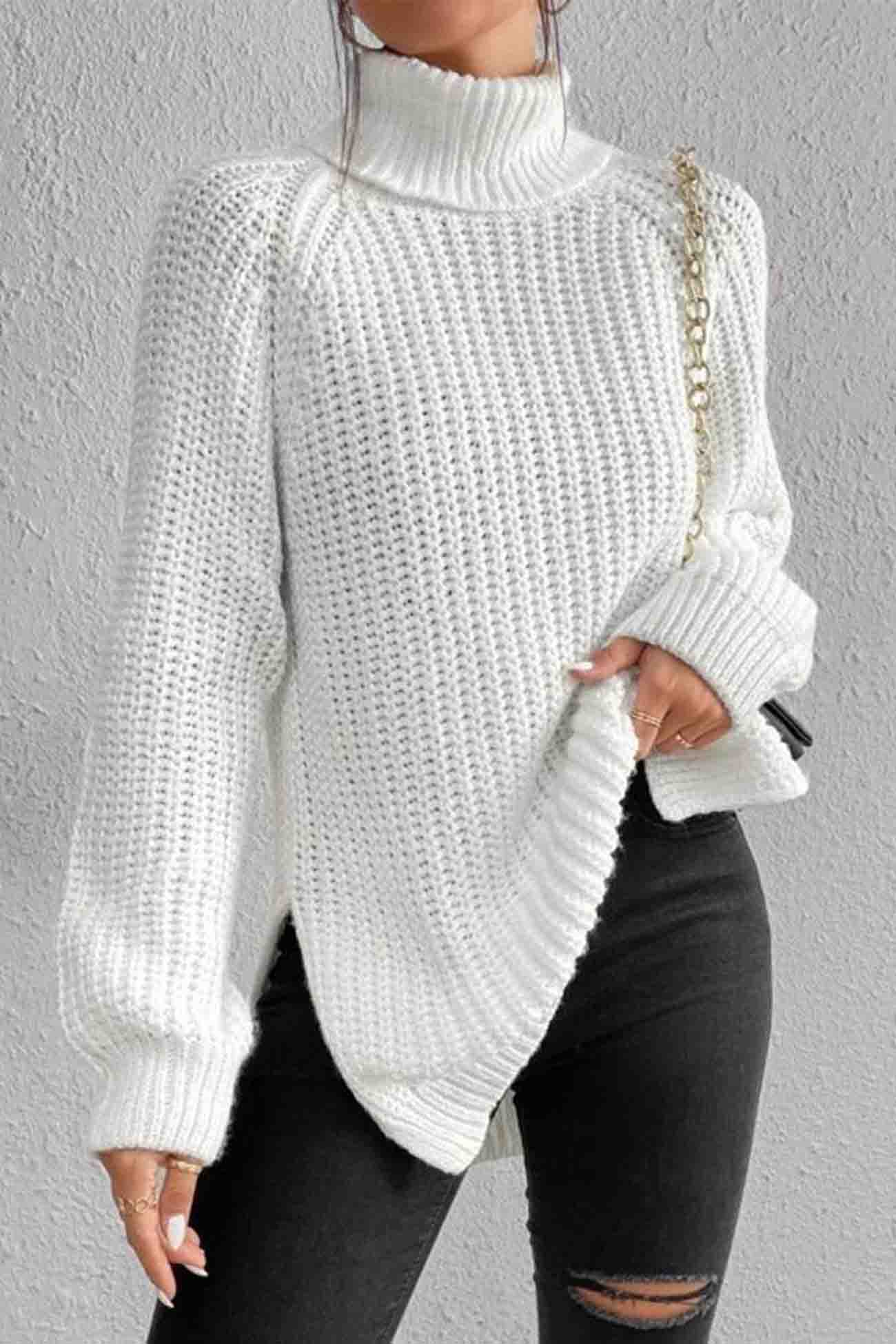 Raglan Sleeve Turtleneck Slit Mid-Length Sweater – AROLORA