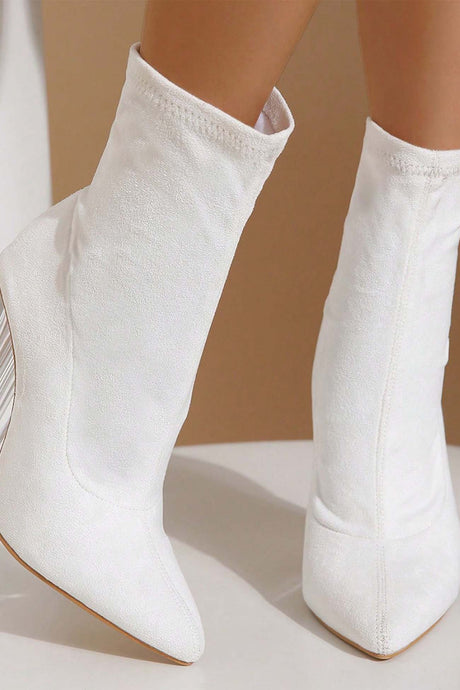 Crystal Heel Stretch Mid Calf Skinny Boots