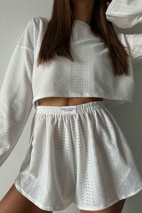 Arolora hollow-long-sleeve-shorts-slit-two-piece-set
