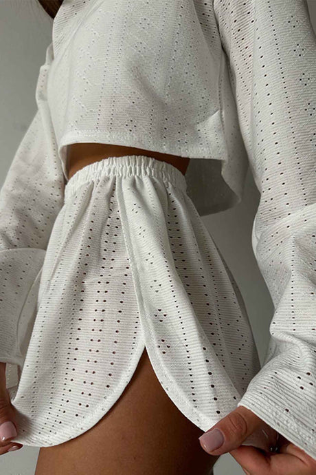 Arolora hollow-long-sleeve-shorts-slit-two-piece-set