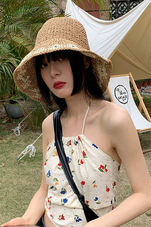 Packable Floral Weave Straw Hat