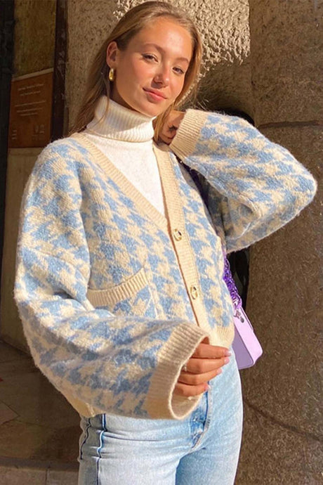 Blue V Neck Pied De Poule Cardigan