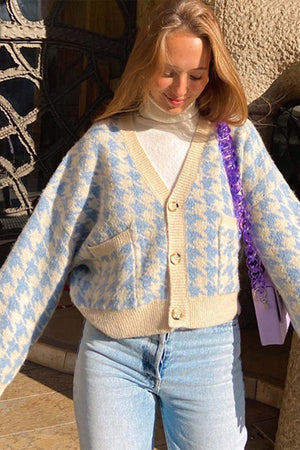 Blue V Neck Pied De Poule Cardigan