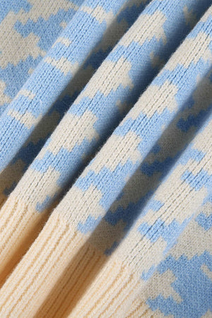 Blue V Neck Pied De Poule Cardigan