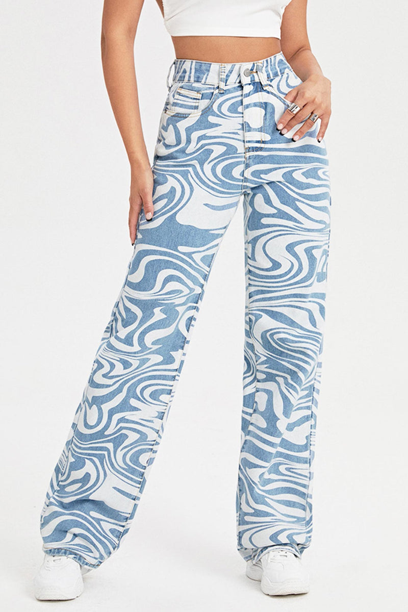 Blue Wavy Straight-leg Jeans – AROLORA