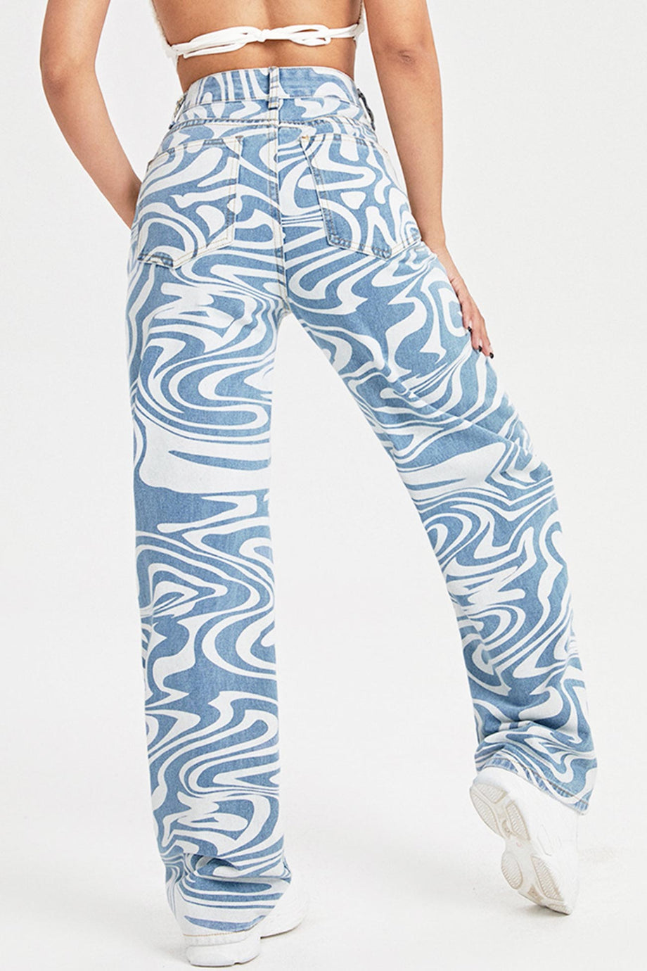 Blue Swirl Print High Waist Denim Pants Wavy Ripple Graphic - Temu Japan