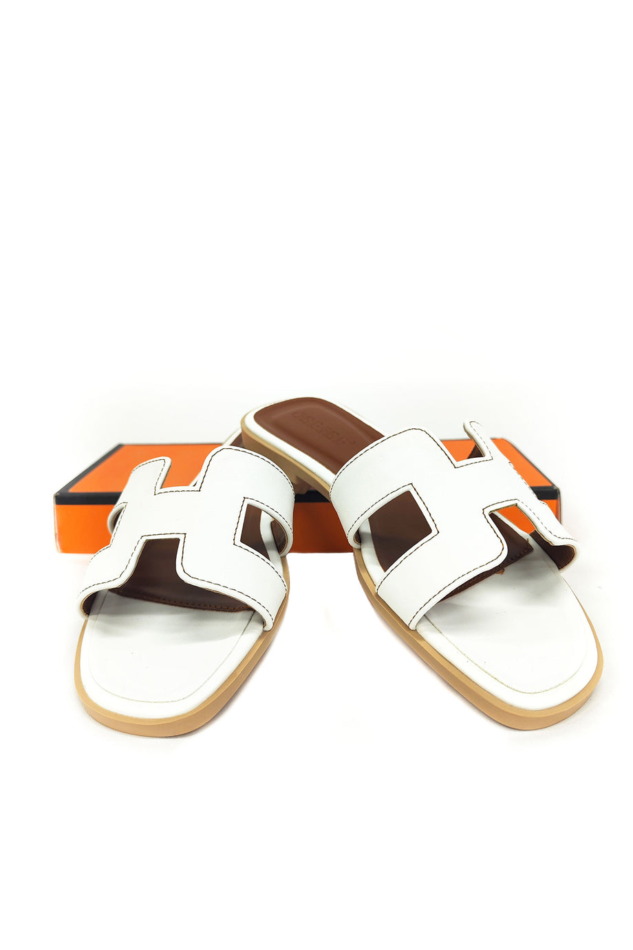 Single Band Gold Trim Sandals Slides-White