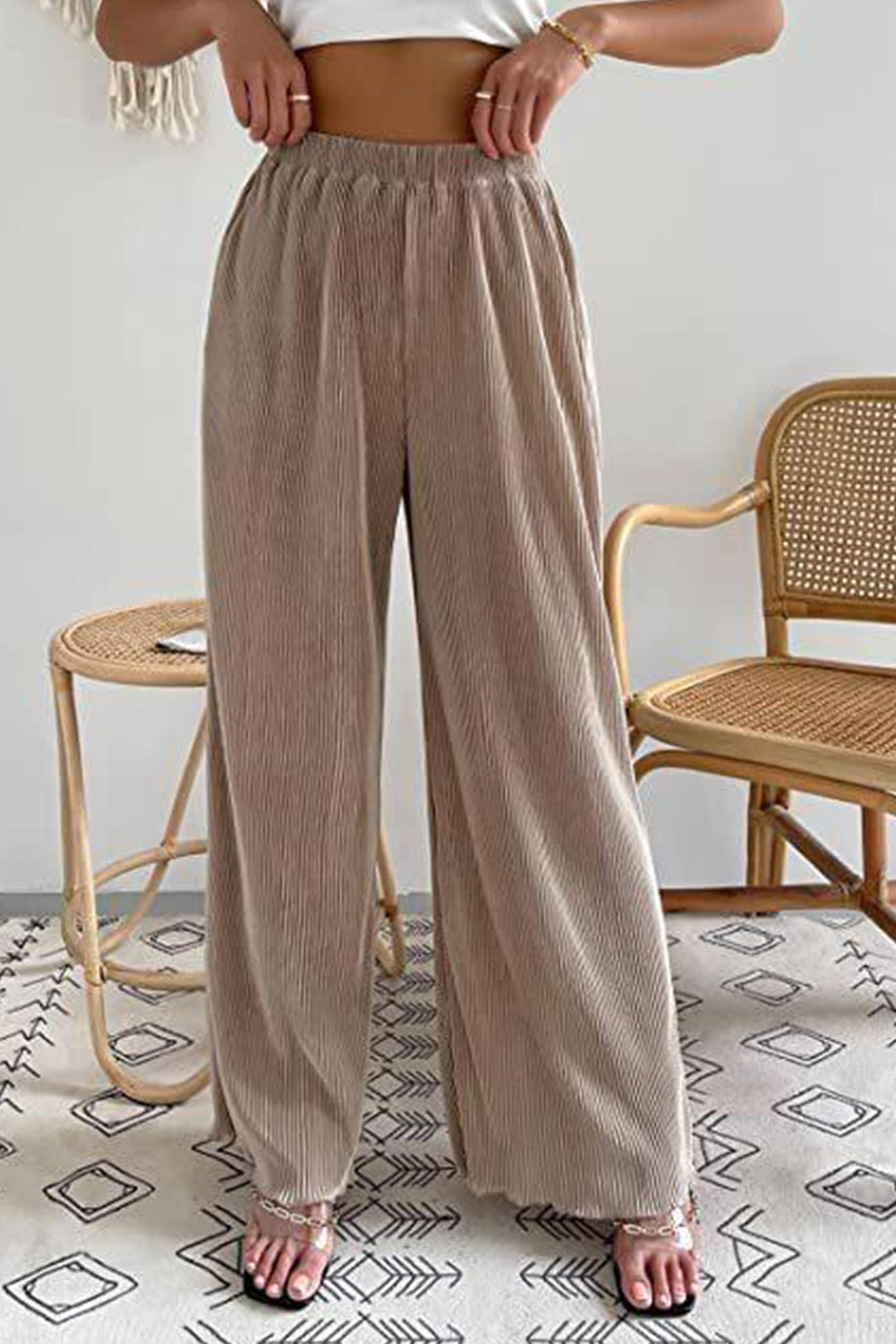 Casual Solid Color Elastic Waist Wide Leg Long Pants – AROLORA
