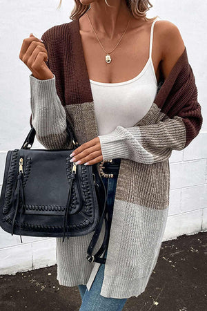 Color Contrast Long Open Front Cardigan