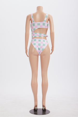 Contrast Plaid Print Cutout One Piece Swimsuit