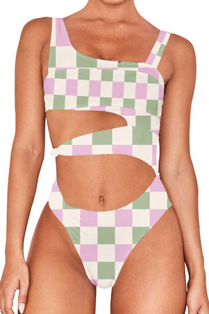 Contrast Plaid Print Cutout One Piece Swimsuit