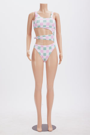 Contrast Plaid Print Cutout One Piece Swimsuit