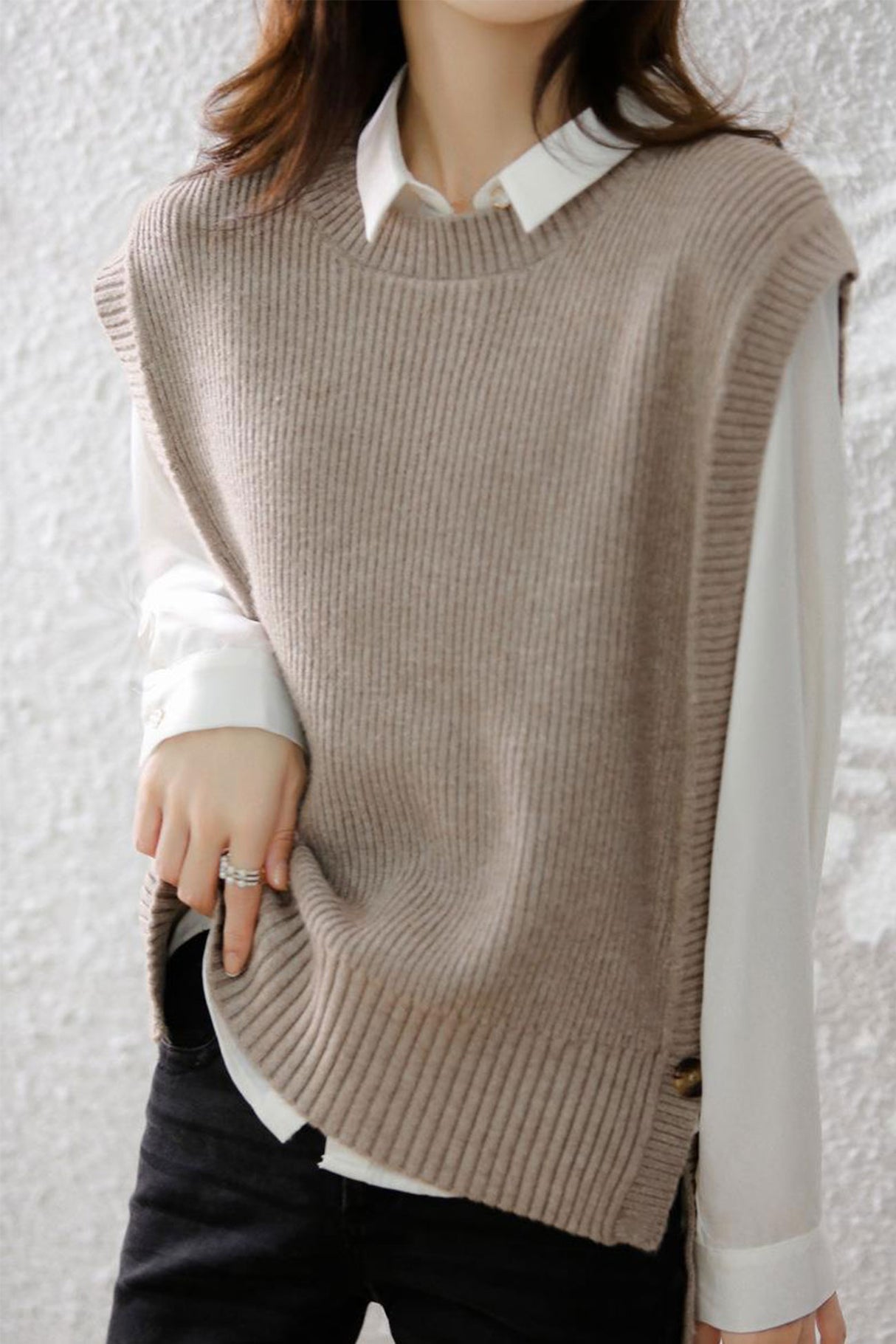 Crew Neck Solid Color Wool Sweater Vest