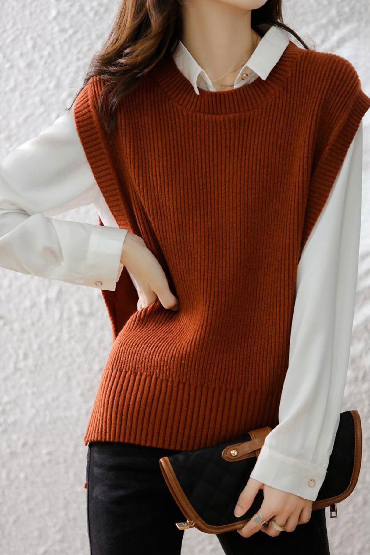 Crew Neck Solid Color Wool Sweater Vest