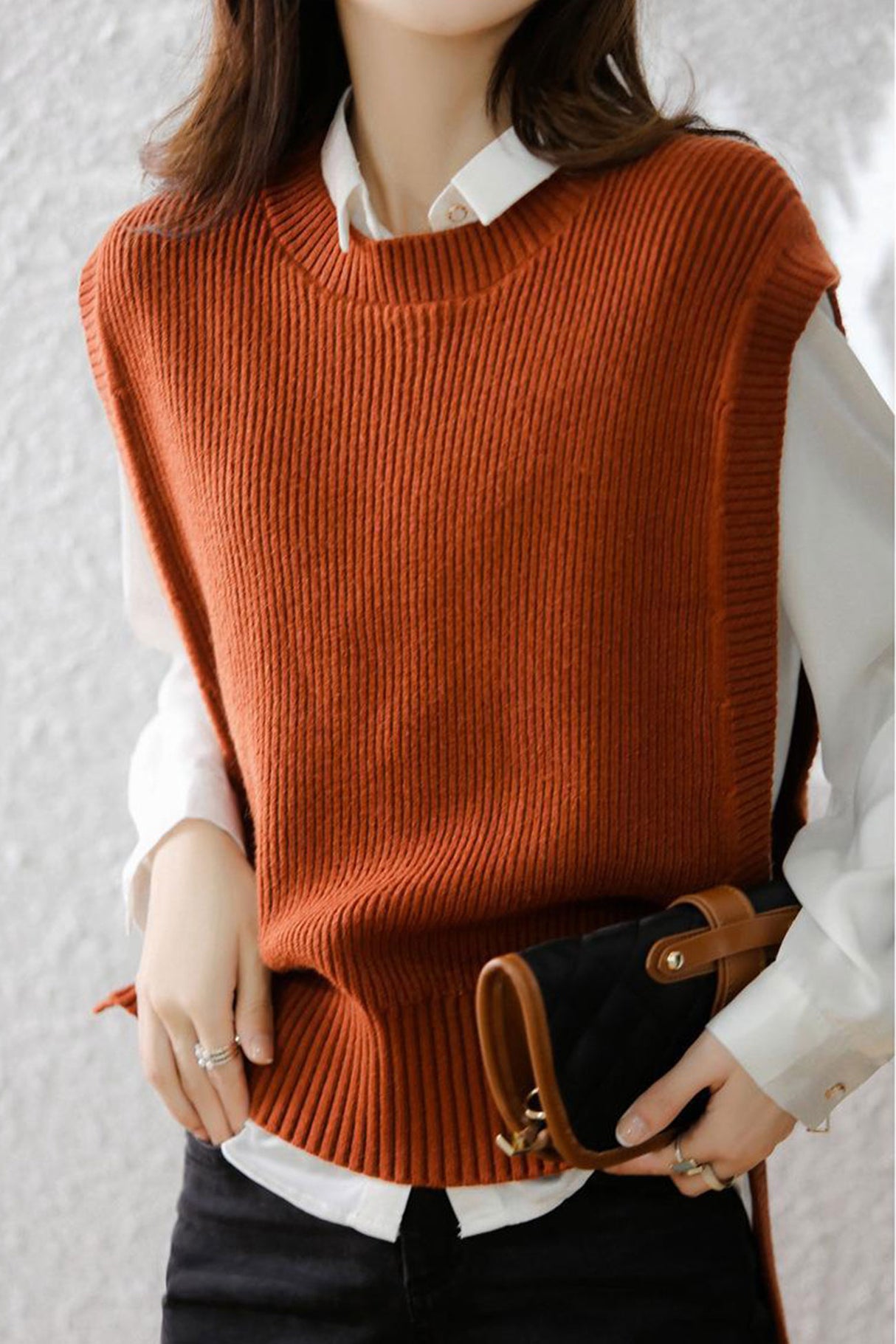 Crew Neck Solid Color Wool Sweater Vest