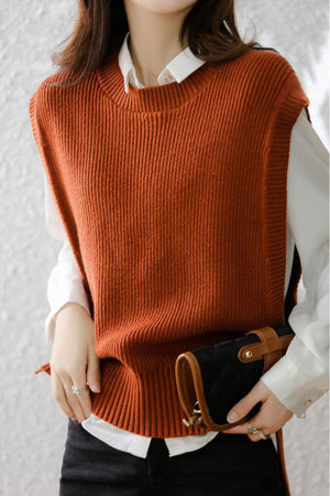 Crew Neck Solid Color Wool Sweater Vest