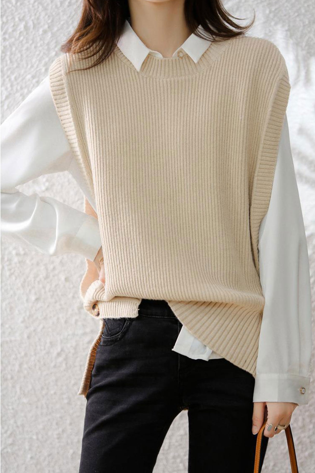 Crew Neck Solid Color Wool Sweater Vest