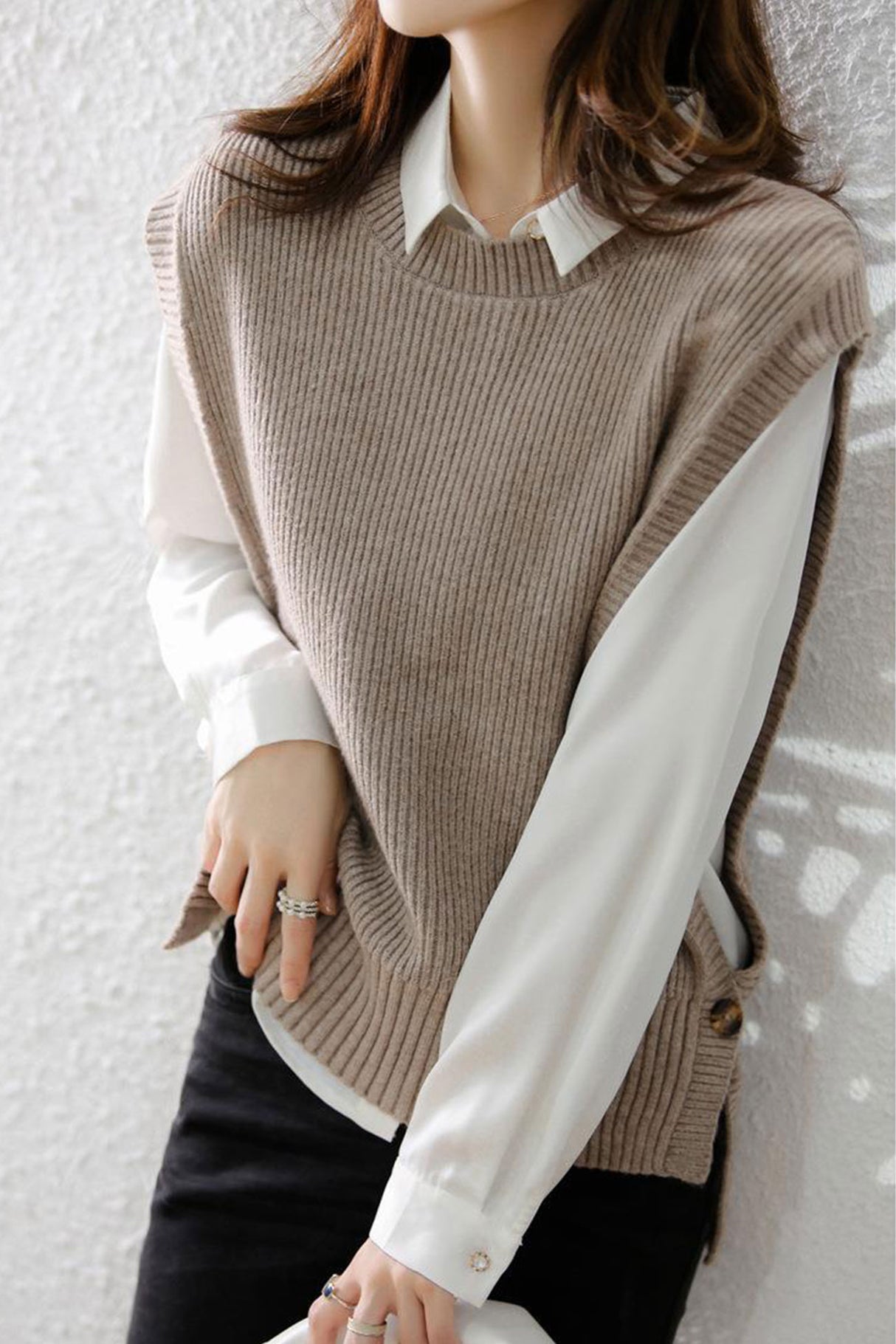 Crew Neck Solid Color Wool Sweater Vest