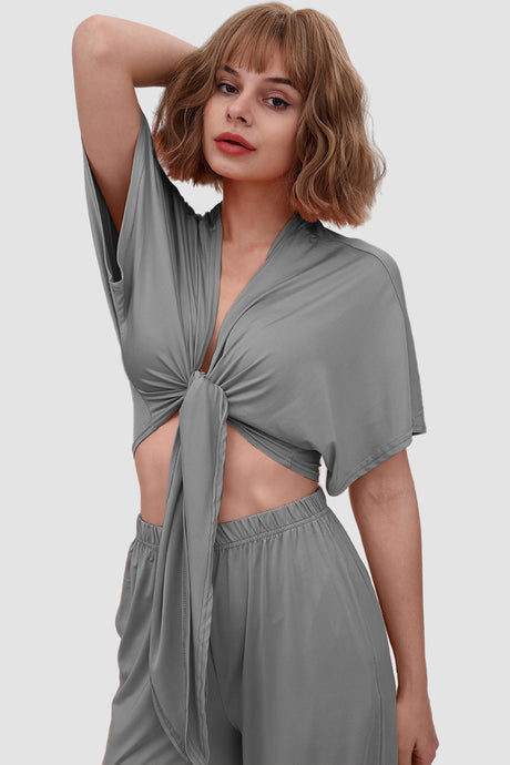 Deep V-neck Top & Elastic Wide Leg Pants