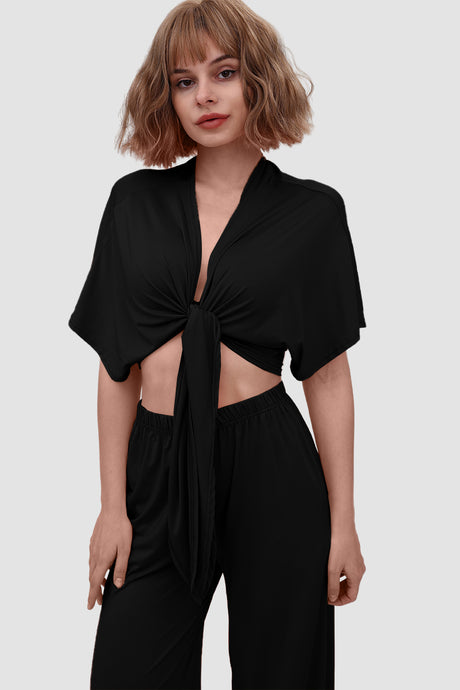 Deep V-neck Top & Elastic Wide Leg Pants