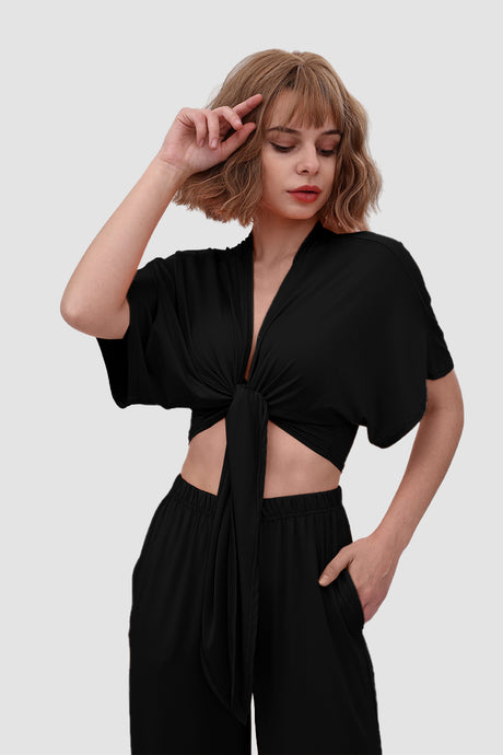 Deep V-neck Top & Elastic Wide Leg Pants