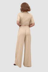 Deep V-neck Top & Elastic Wide Leg Pants