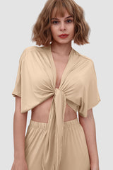 Deep V-neck Top & Elastic Wide Leg Pants