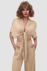 Deep V-neck Top & Elastic Wide Leg Pants