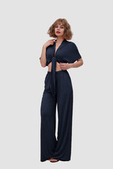 Deep V-neck Top & Elastic Wide Leg Pants
