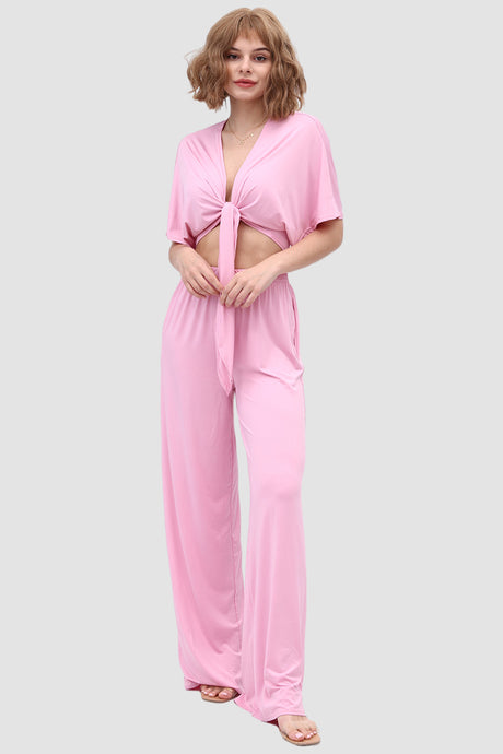 Deep V-neck Top & Elastic Wide Leg Pants