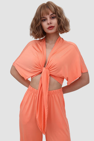 Deep V-neck Top & Elastic Wide Leg Pants