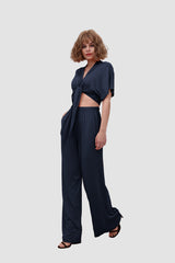 Deep V-neck Top & Elastic Wide Leg Pants