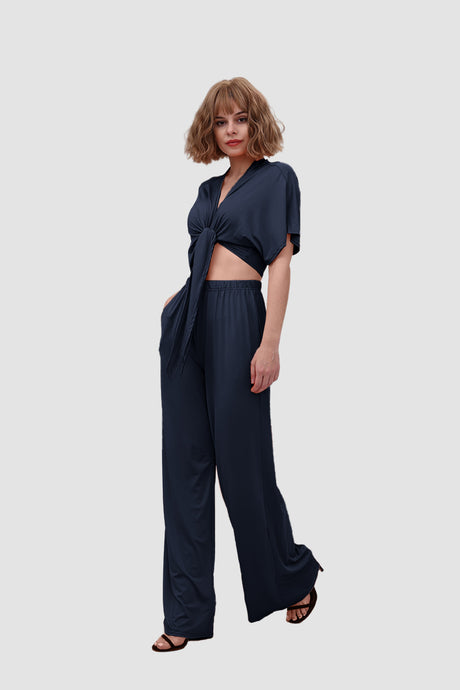 Deep V-neck Top & Elastic Wide Leg Pants