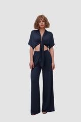 Deep V-neck Top & Elastic Wide Leg Pants